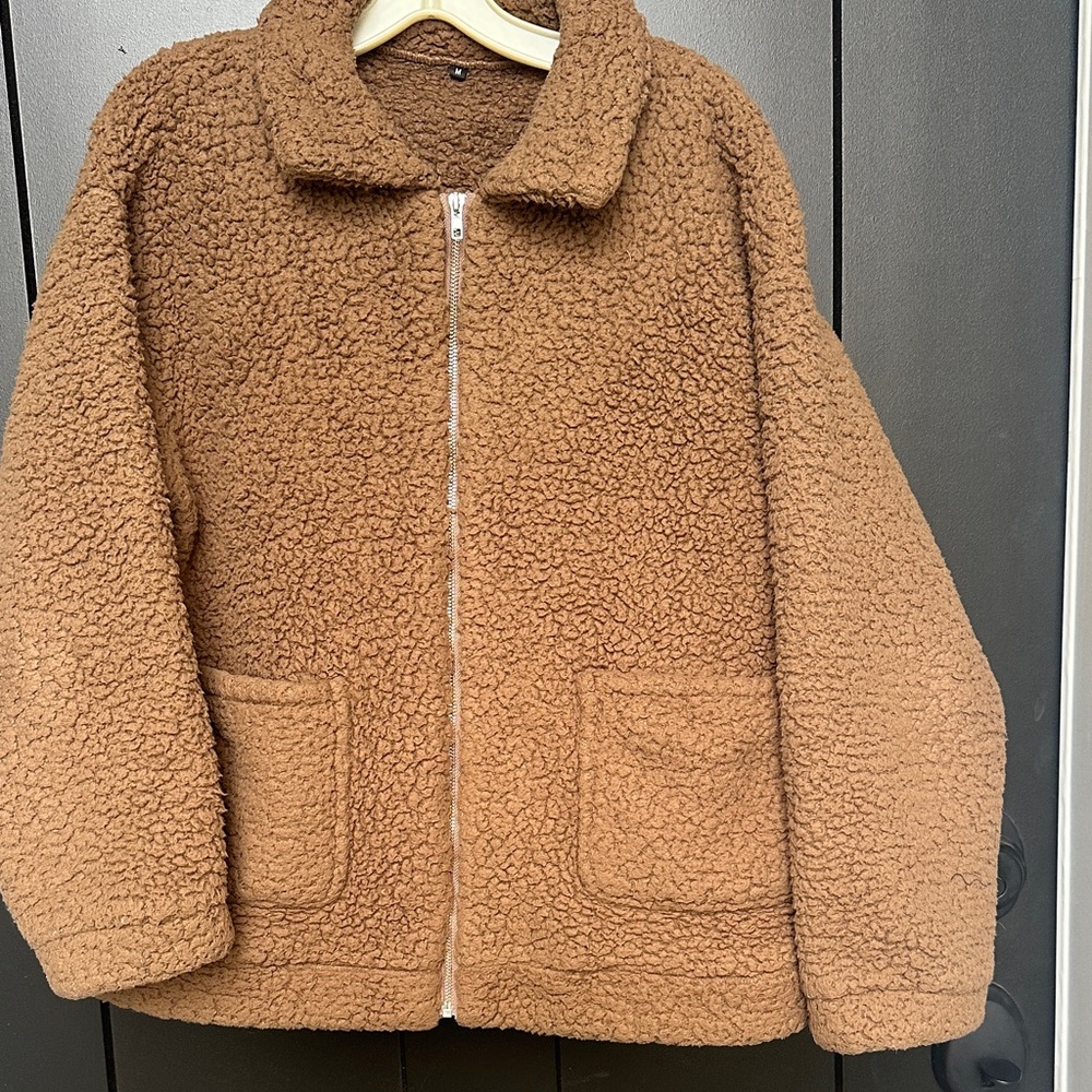 TEDDY BEAR JACKET Cozy Brown Sherpa zip pockets Layering Roomie Coat Sz M